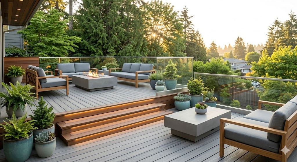 High-quality photograph taken during the golden hour, showing a beautiful, finished multi-level Seattle deck designed for climate resilience, featuring integrated LED lighting.